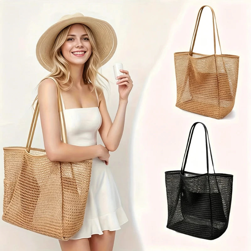 Women's Large Capacity Beach Tote Bag - Durable Polyester Woven Shoulder Bag with Open Top for Travel, Shopping Oasis Select