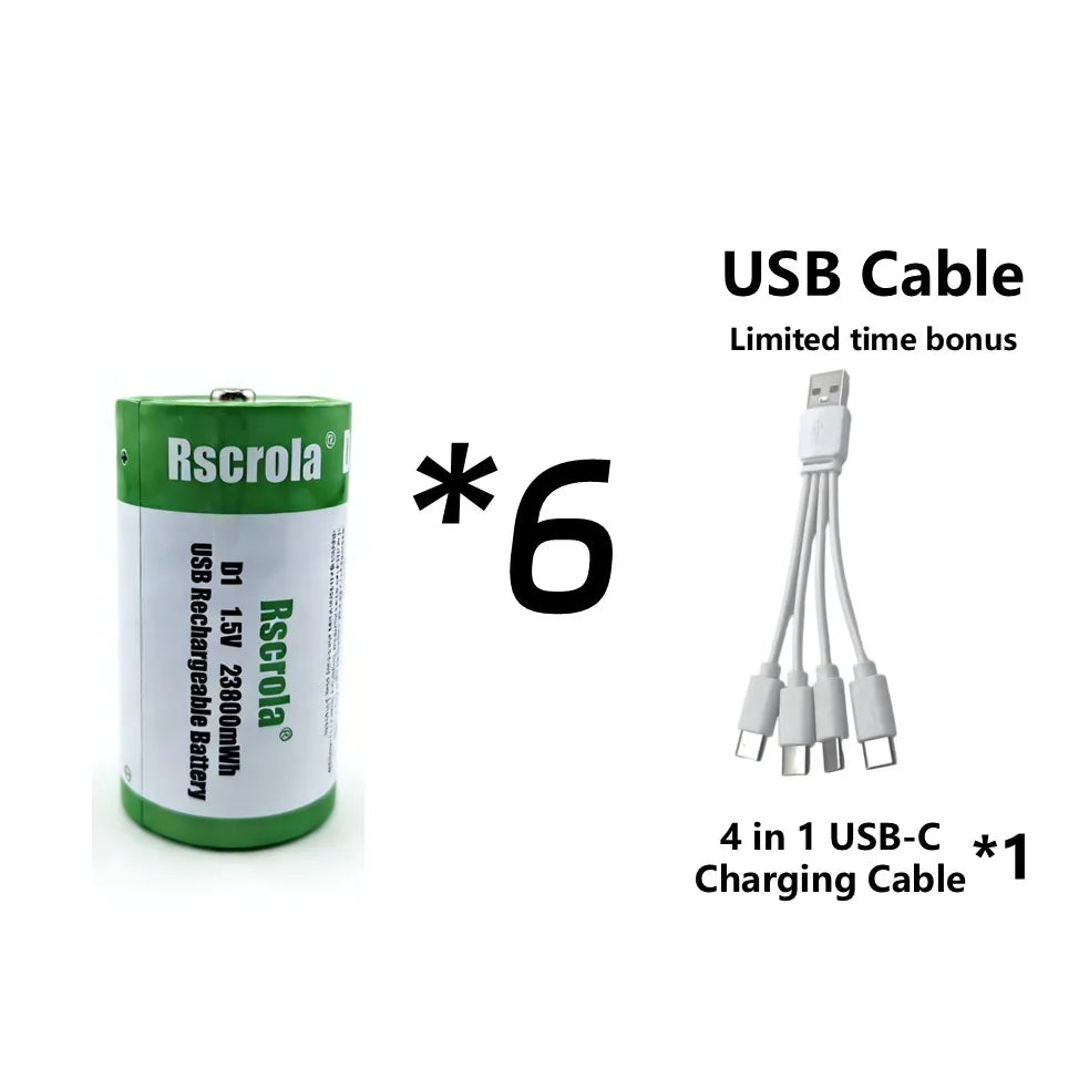 1.5V 23800mWh D Cell Batteries Rechargeable D Batteries with Charger Cable for Gas Cooker Water Heater Flashlight Radio Tool Toy Oasis Select 6P D1 Battery 1.5V