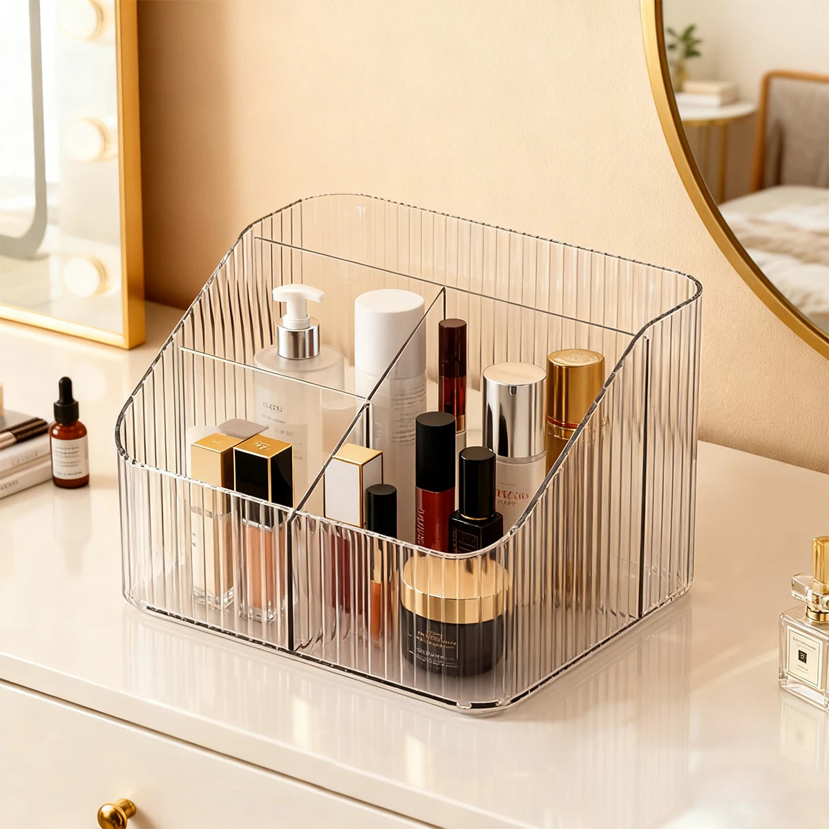 1pc Vertical Pattern 4-Grid Transparent Acrylic Cosmetics Storage Box Suitable for Bathroom Accessories andOffice Desk Organizer Oasis Select