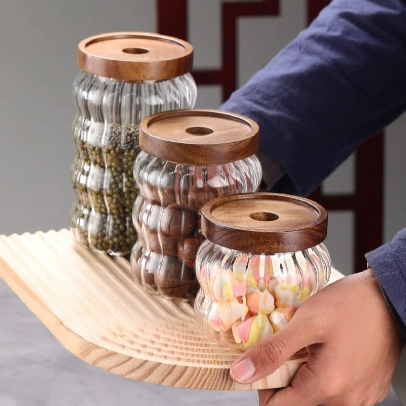 Wood Lid Striped Glass Airtight Canister Kitchen Storage Bottles Jars Food Container Coffee Beans Grains Candy Jar Containers Oasis Select
