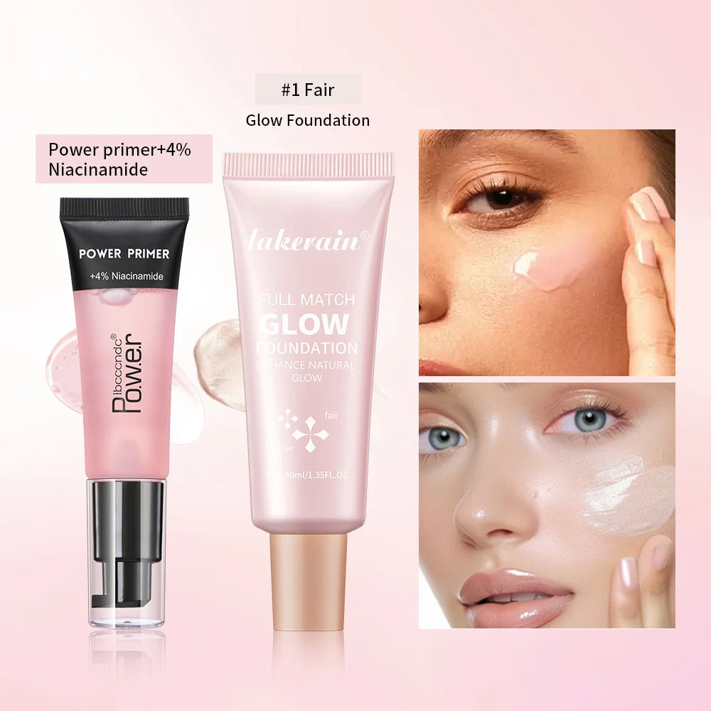 Powder Grip Primer Gel & Glow Foundation Makeup Kit Hydrating Smoothing Skin Lightweight Brighthen Shiny Fase Cosmetics Combo Oasis Select SET 5