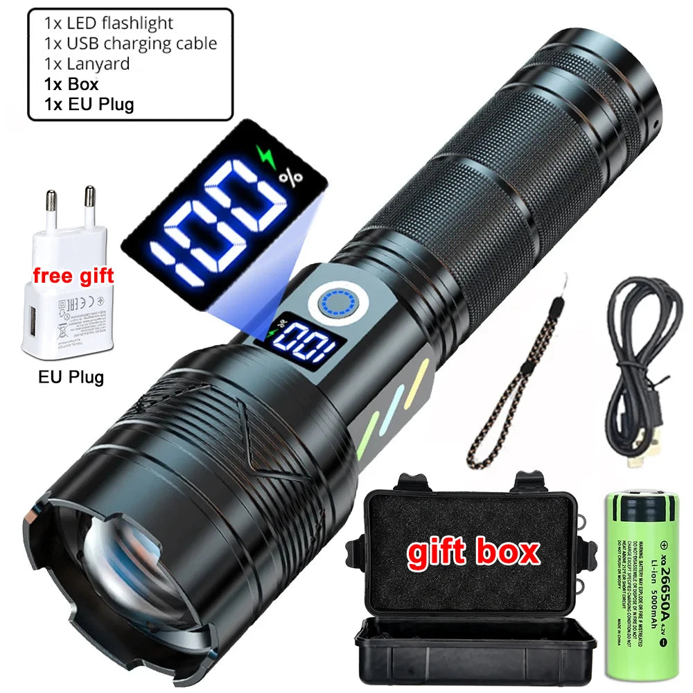 Super Bright LED Flashlight | Zoom, USB-C, Power Bank, Display