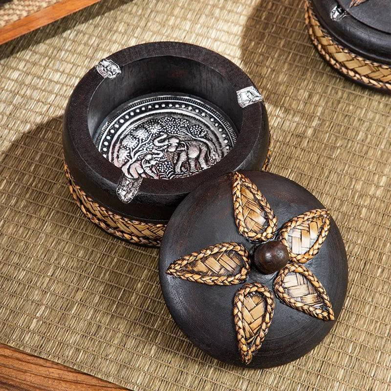 Solid Wooden Ashtray with Cover New Chinese Retro Home Living Room Office Tea Table Zen Decoration Creative Ashtray Oasis Select