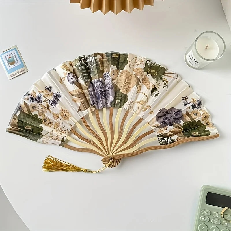 Traditional Chinese Ink Painting Folding Fan Portable Bamboo Cloth Hand Fan with Floral Pattern and Tassel for Qipao Accessory Oasis Select