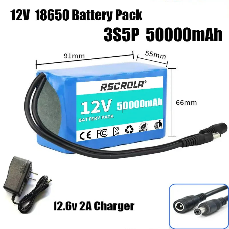 12V Rechargeable 18650 Lithium Battery Pack with BMS & Charger – Long Cycle Life for Solar, LED Light, RC Model, Power Supply Oasis Select 3s5p 50Ah