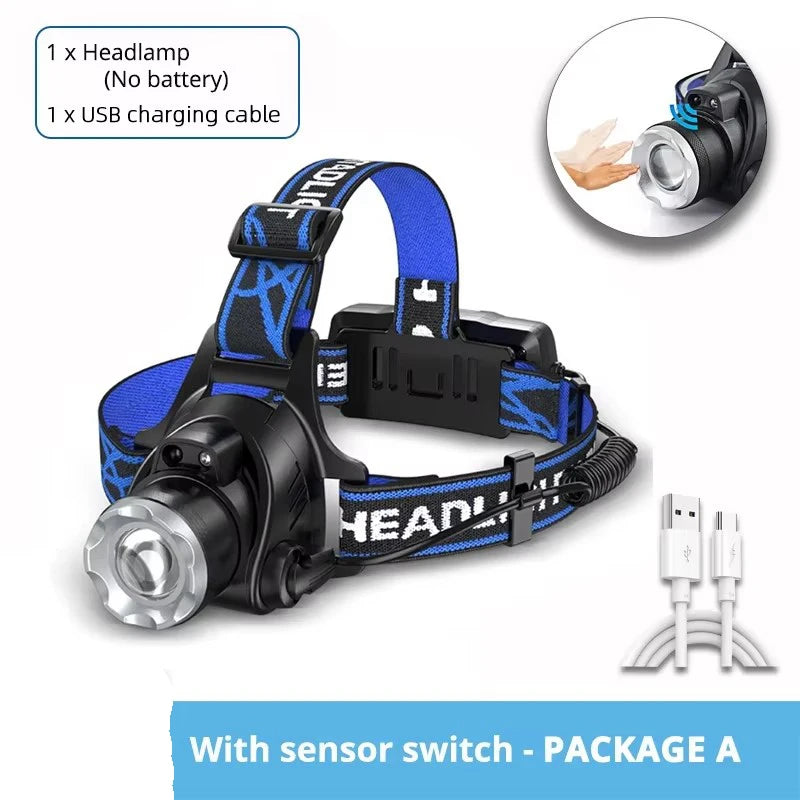 High Power LED Headlamp Fishing Headlight 3 Modes Zoomable Waterproof Super Bright Camping Light Powered by 2x18650 Batteries Oasis Select 2816 With sensor A