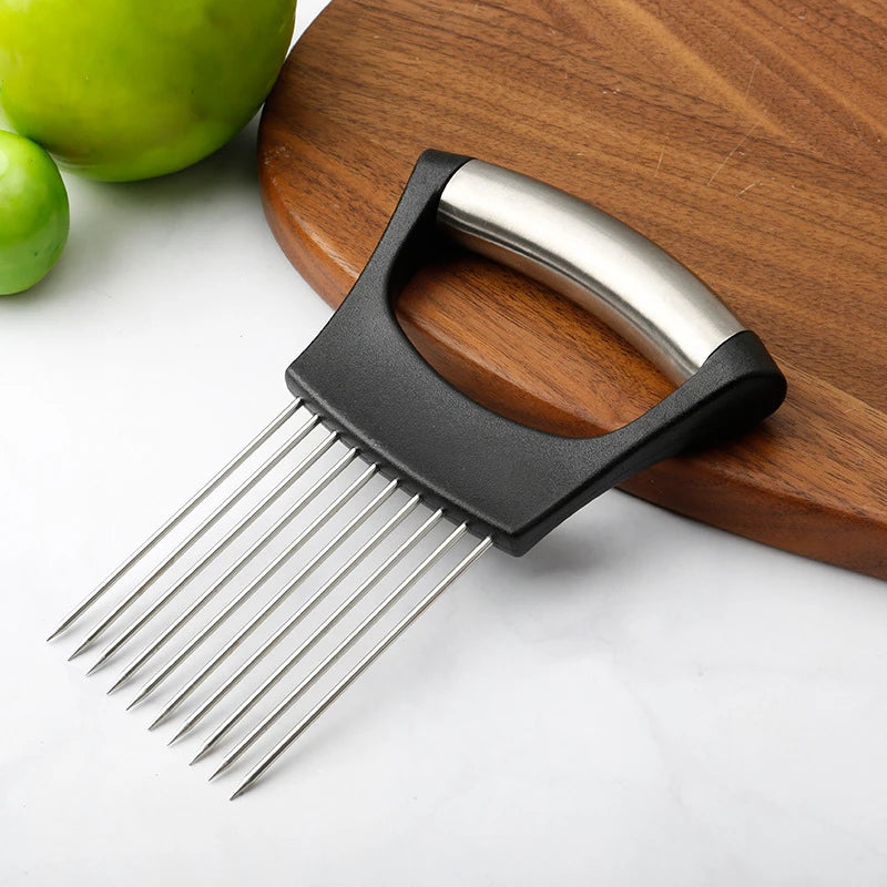 Stainless Steel Onion Cutter Holder Food Slicers Assistant Tomato Onion Slicer Holder Vegetables Cutting Fork Kitchen Gadgets Oasis Select