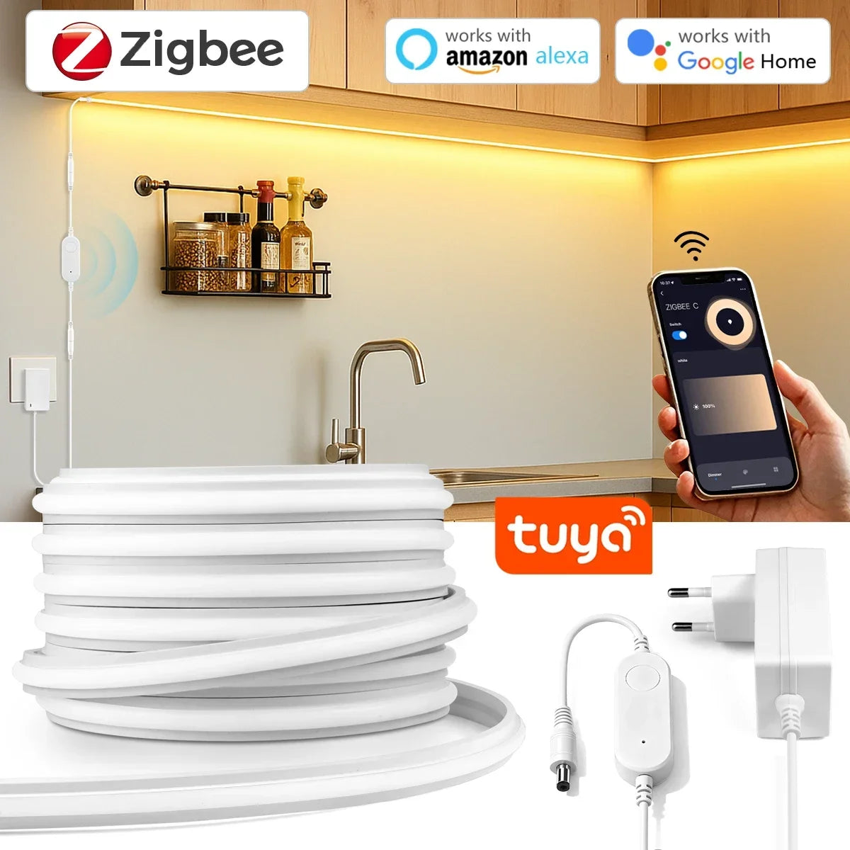 Zigbee 3.0 24V Neon LED Strip Light APP Control Brightness Adjustment 100% Pure Silicone Tube Kitchen Cabinet Lamp Zigbee Switch Oasis Select