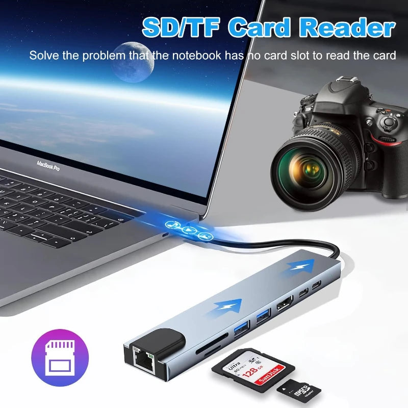 8 in1 USB C HUB 3.0 Type C Splitter 4K Docking Station Laptop Adapter PD SD TF For Macbook Air M1 iPad Pro RJ45 HDMI-Compatible Oasis Select