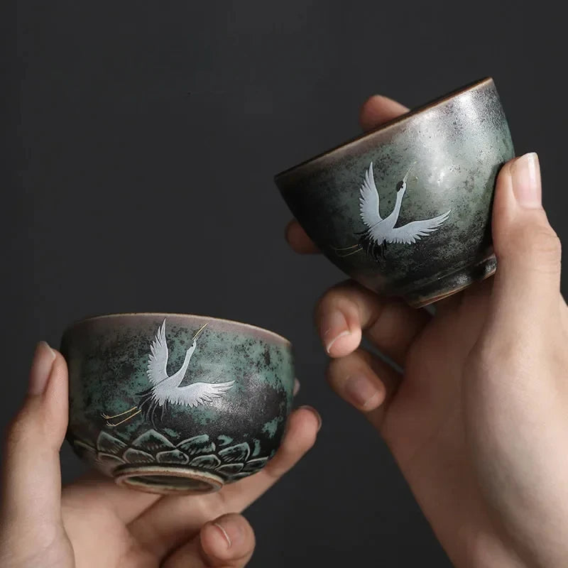 Traditional Chinese Style Tea Cup Flying Crane Pattern Retro Ceramic Teacup Coffee Cup Coarse Pottery Cups Oasis Select