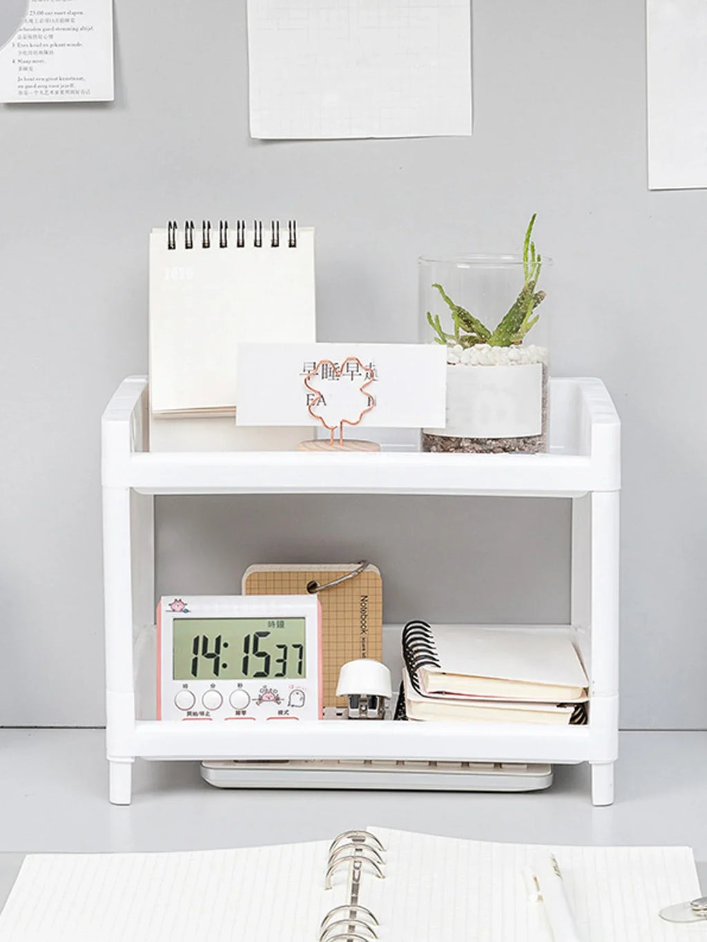 PP Desktop Double Layer Storage Rack Rectangular White Organizing Student Desk Office Cosmetics Stationery Shelf Oasis Select