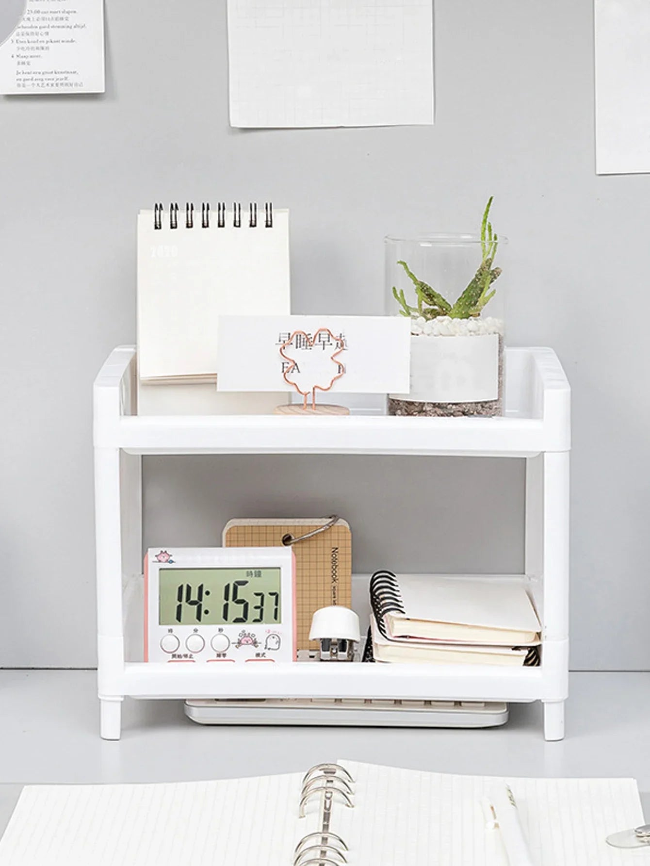 PP Desktop Double Layer Storage Rack Rectangular White Organizing Student Desk Office Cosmetics Stationery Shelf Oasis Select