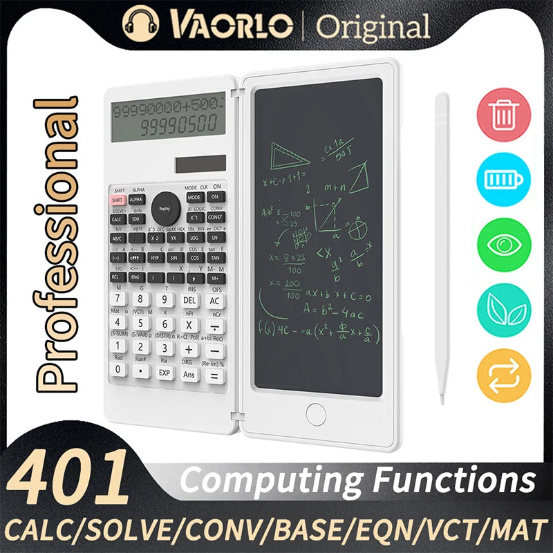 Solar Scientific Calculator With 6 Inch Writing Tablet Foldable 401 Computing Functions Professional Calculators PK 991MS 991ES Oasis Select White