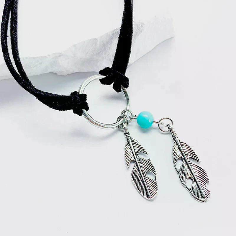 Velvet Choker Black Leather Choker Necklace Antique Color Feather Shape Charm Multilayer Chain Necklace Oasis Select