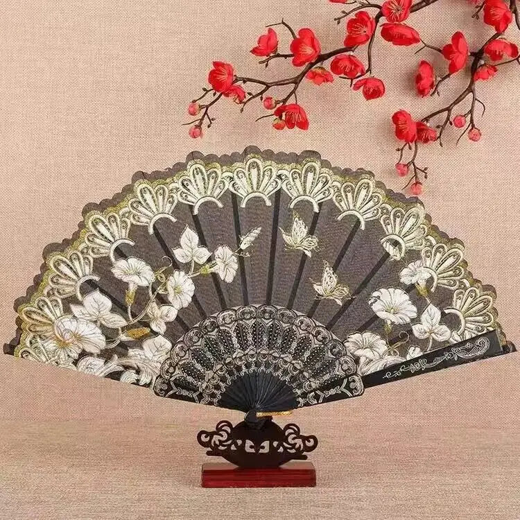 Chinese Style Folding Dance Fans Wedding Party Lace Silk Hand Held Flower Fan Vintage Lace Hand Held Fan Women Girl Photo Prop Oasis Select E