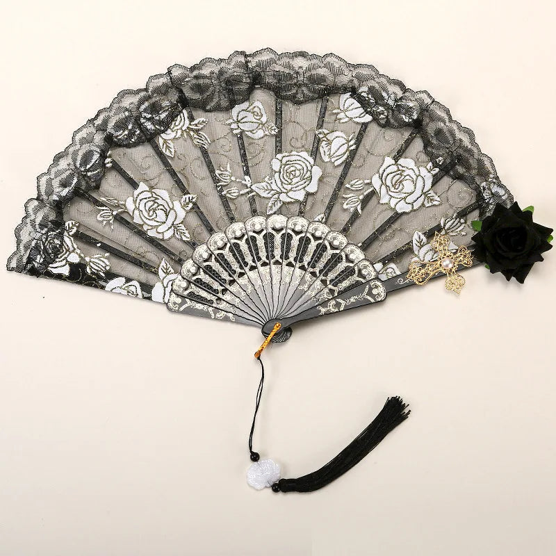 Dance Fan Ornament Ladies Lace Hand Fan Black White Cloth Folding Fans Spanish Hand for Wedding Party Favor Accessories Oasis Select H