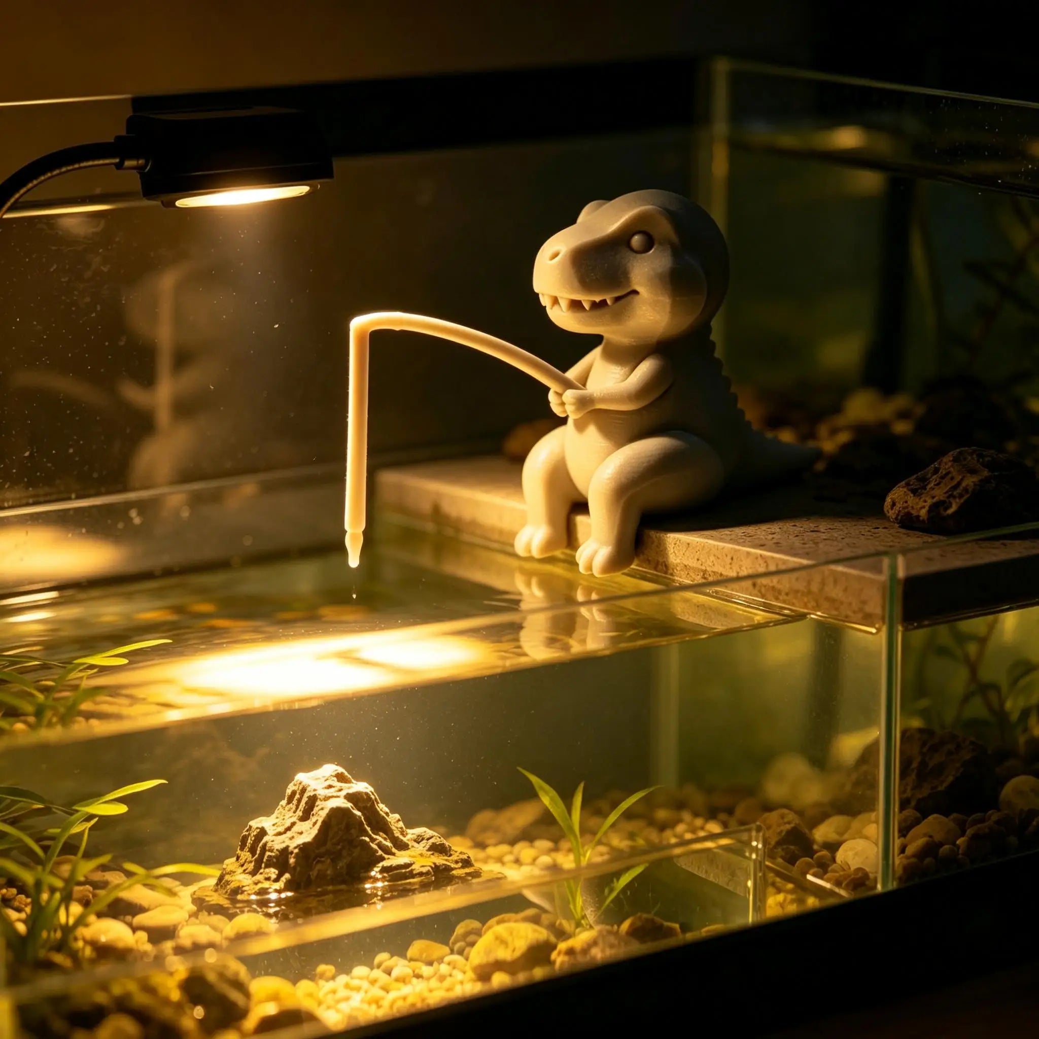 Fishing Dinosaur Figurines 3D Printed Cute T-Rex Desk Ornaments Monitor Edge Decor Fish Tank Aquarium Landscape Home Decor Gifts Oasis Select