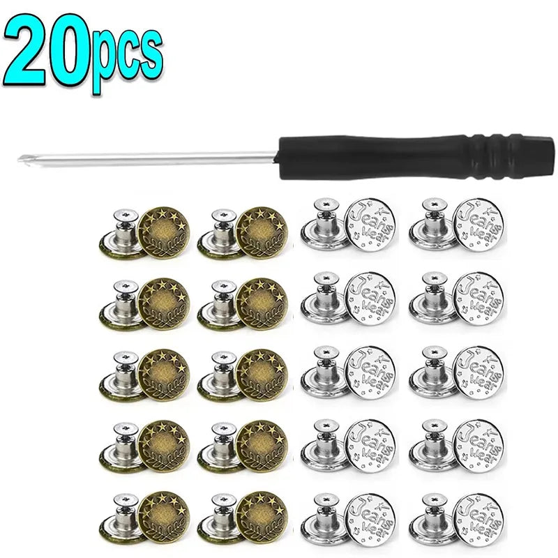 10/20Pcs Metal Jeans Buttons 17mm Replacement Screw Button Repair Kit Nailless Removable Jean Buckles Clothing Pants Pins Oasis Select 20pcs B-F