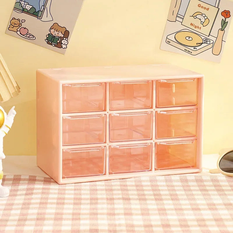 Desktop 9 Grid Storage Boxes Organizer Transparent Small Drawer Partitioned Student Desk Wall-mounted Sundries Storage Box Cute Oasis Select pink