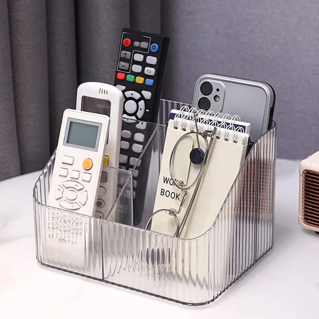 1pc Transparent Desktop Storage Box for Home Use, with Compartments, Remote Control, Makeup Brush Organizer Oasis Select