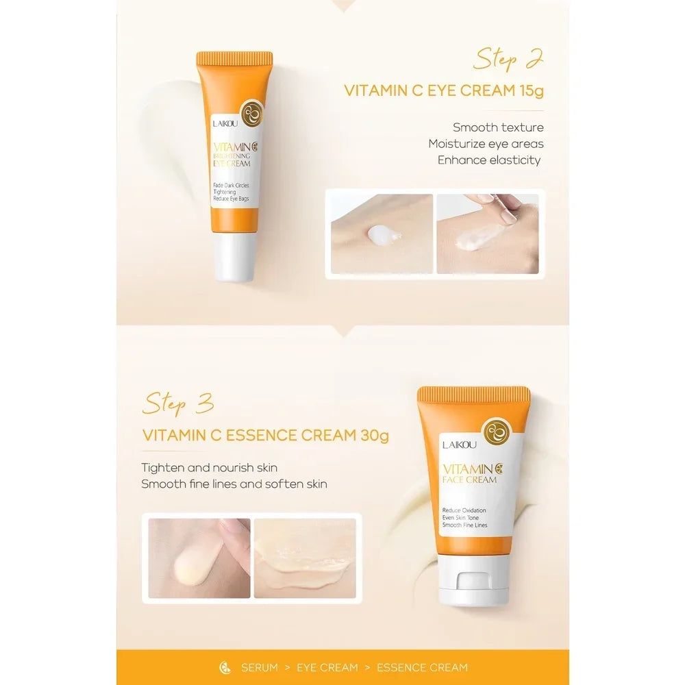3pcs/Set LAIKOU Vitamin C Facial Set for Hydrating Moisturizing Whitening and Brightening Oasis Select