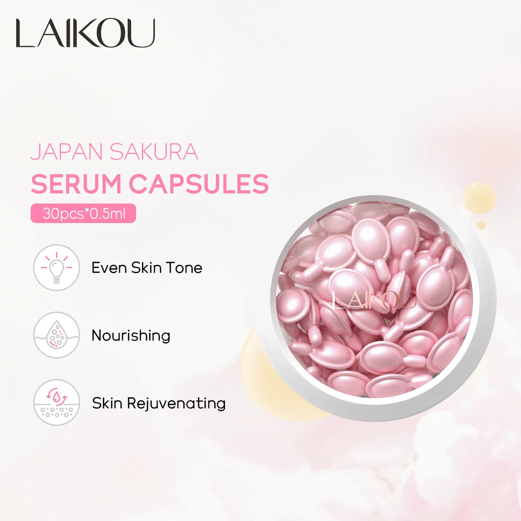 LAIKOU Sakura Capsule Essential Oil Facial Serum Moisturizing Brightening Anti-Wrinkle Firming Face Care 30pcs* 0.5ml ﻿ Oasis Select