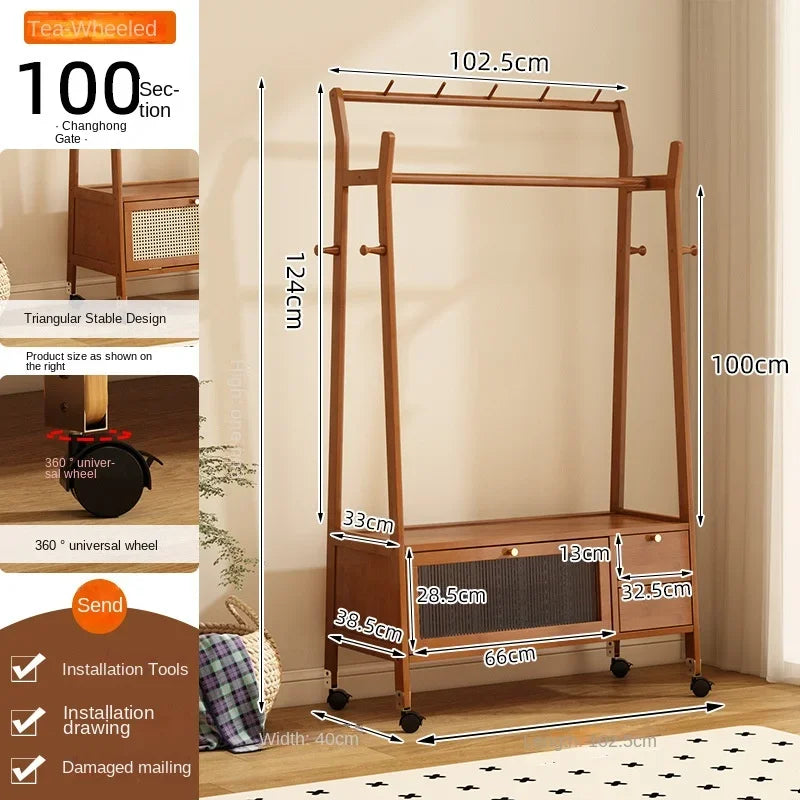 Multi-functional Bedroom coat hanger, floor-standing household mobile wheeled coat rack, retro indoor multi-functional coat rack Oasis Select Brown100