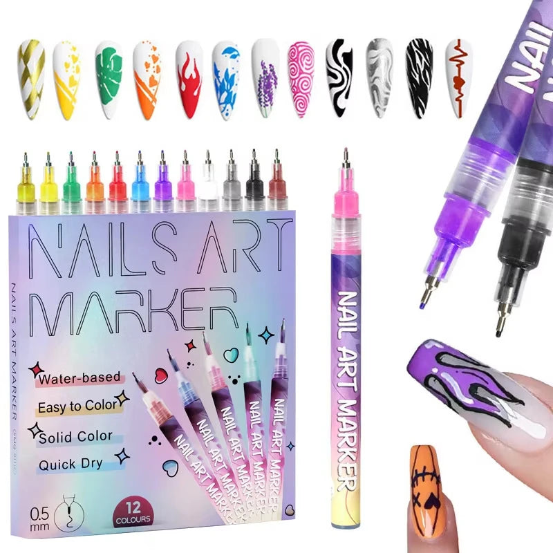 12-Piece Nail Art Graffiti Pens – Waterproof Quick-Dry Markers