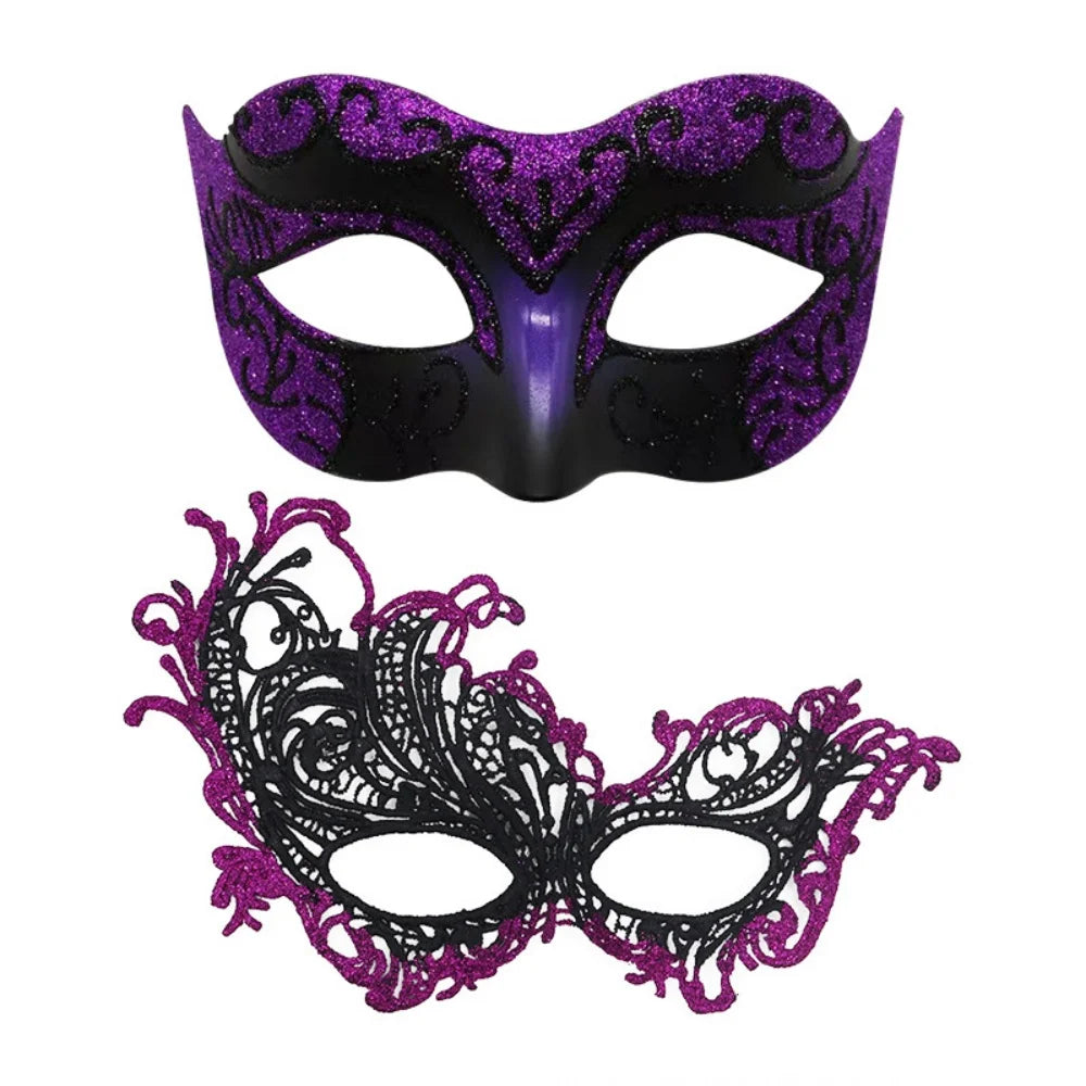2PCS/set Couple Masks Lace Women Mask Men Painted Half Face Mask Eye Mask Set Party Masquerade Wedding Decoration Costume Prom Oasis Select Purple 1