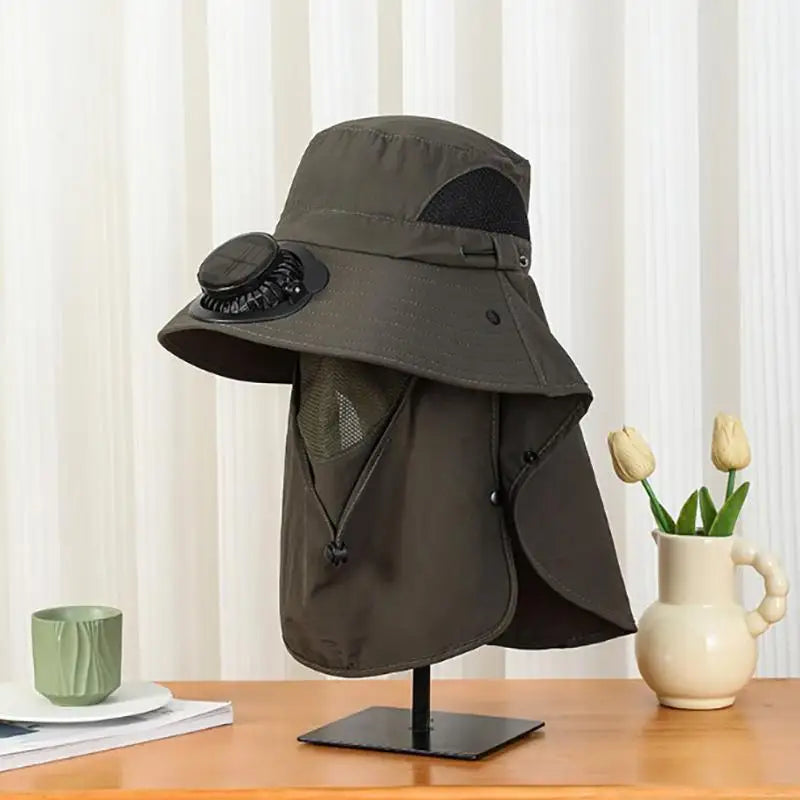 Men Solar Fan Wide Brim Fishing Hat with Shawl, USB Rechargeable UV Protection Outdoor Sun Hat Oasis Select olive green