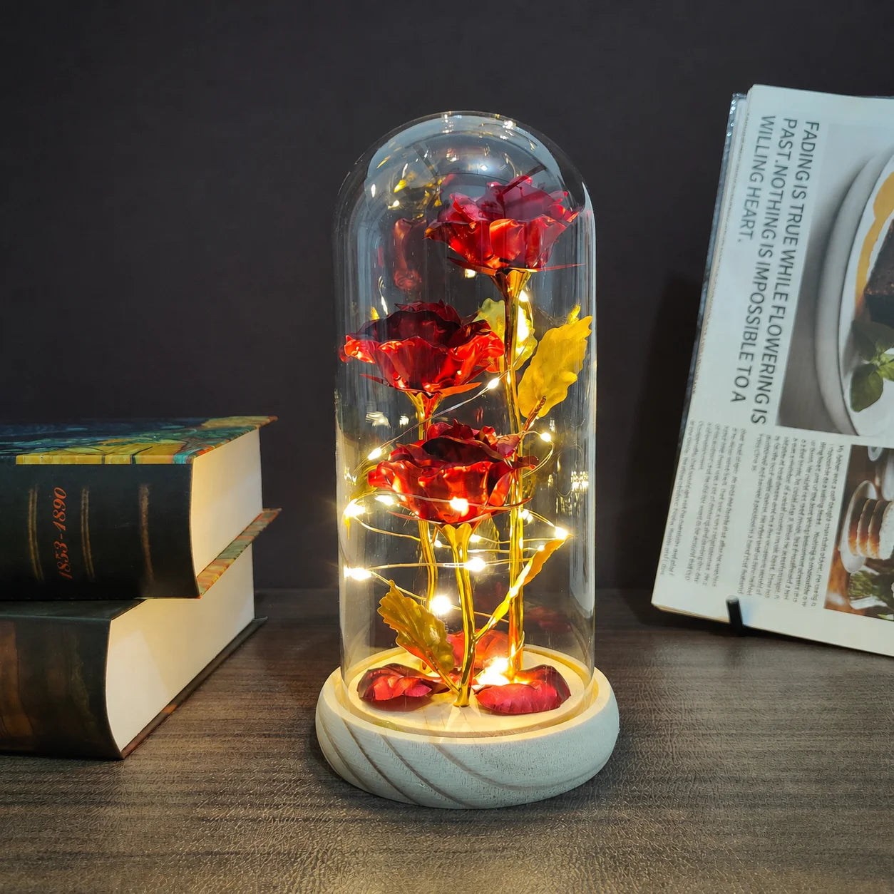 Graduation Season Teacher's Day Creative Gift Box for Women - Rose Flower Gift, Perpetual Flower Glass Cover with Three Artifici Oasis Select Red Gold