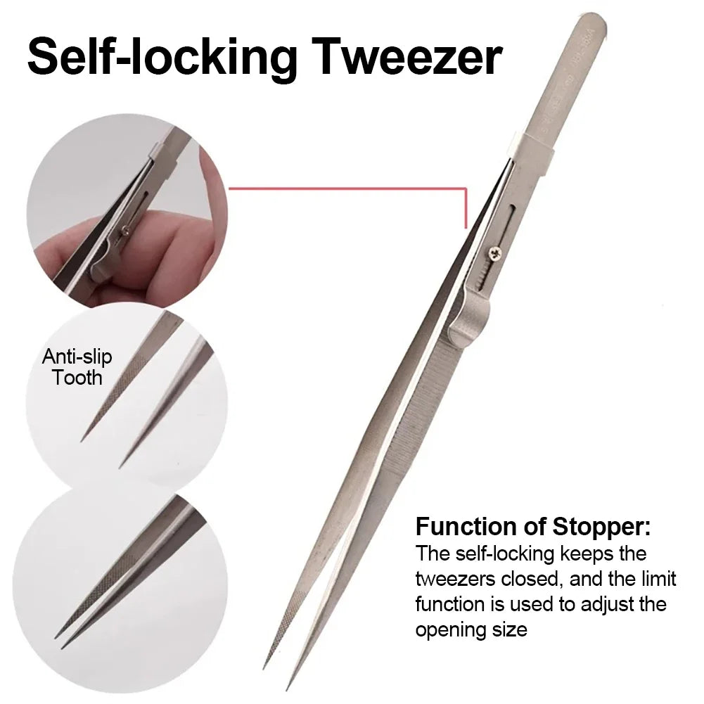 Stainless Steel Diamond Jewelry Tweezers Gemstone Pincette with Adjustable Antislip Lock Electronic Component Tweezer Hand Tools Oasis Select