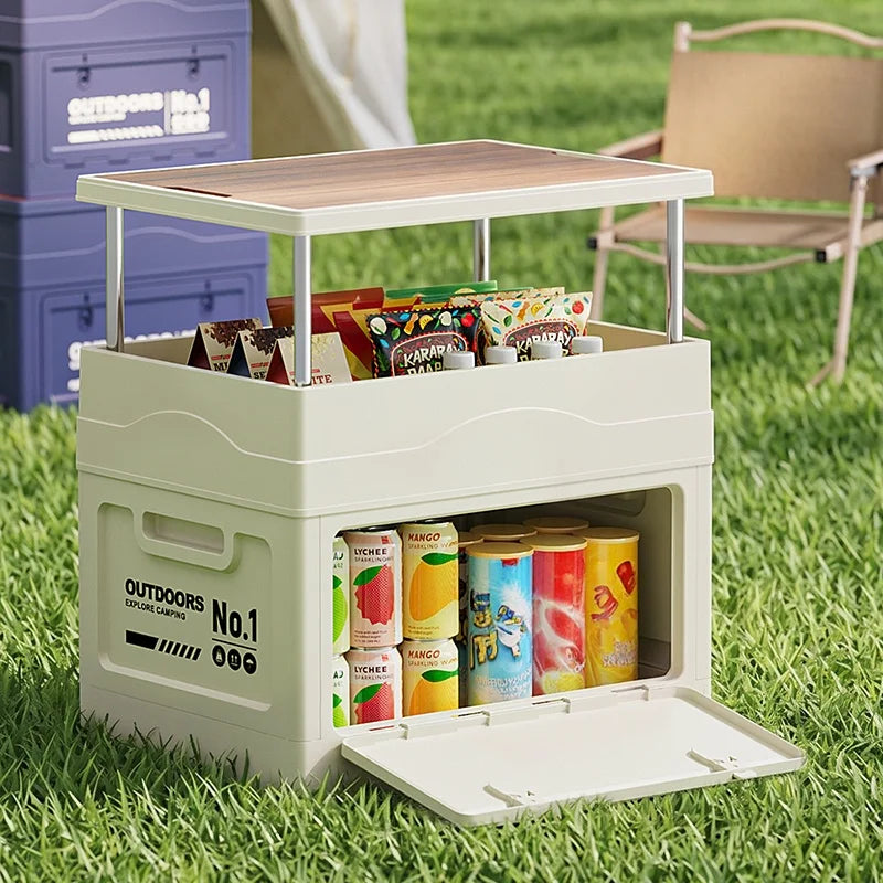 Large-capacity wooden cover foldable storage box for outdoor camping storage box table integrated vehicle camping trunk Oasis Select