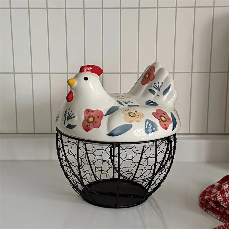 1pc Farmhouse Hen-Shaped Ceramic Egg Baske -Ceramic Egg Holder with Lid,Rustic Kitchen Organizer for Fruits/Veggies Oasis Select Playful Blossom