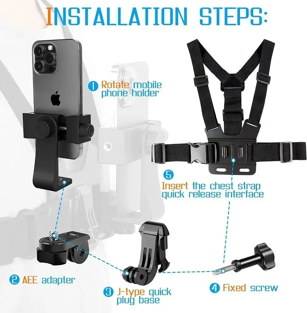 Sport Camera Chest Strap Holder, Adjustable Phone Clip Holder, Mobile Phone Clip Holder with Chest Strap Fixation Bracket Oasis Select