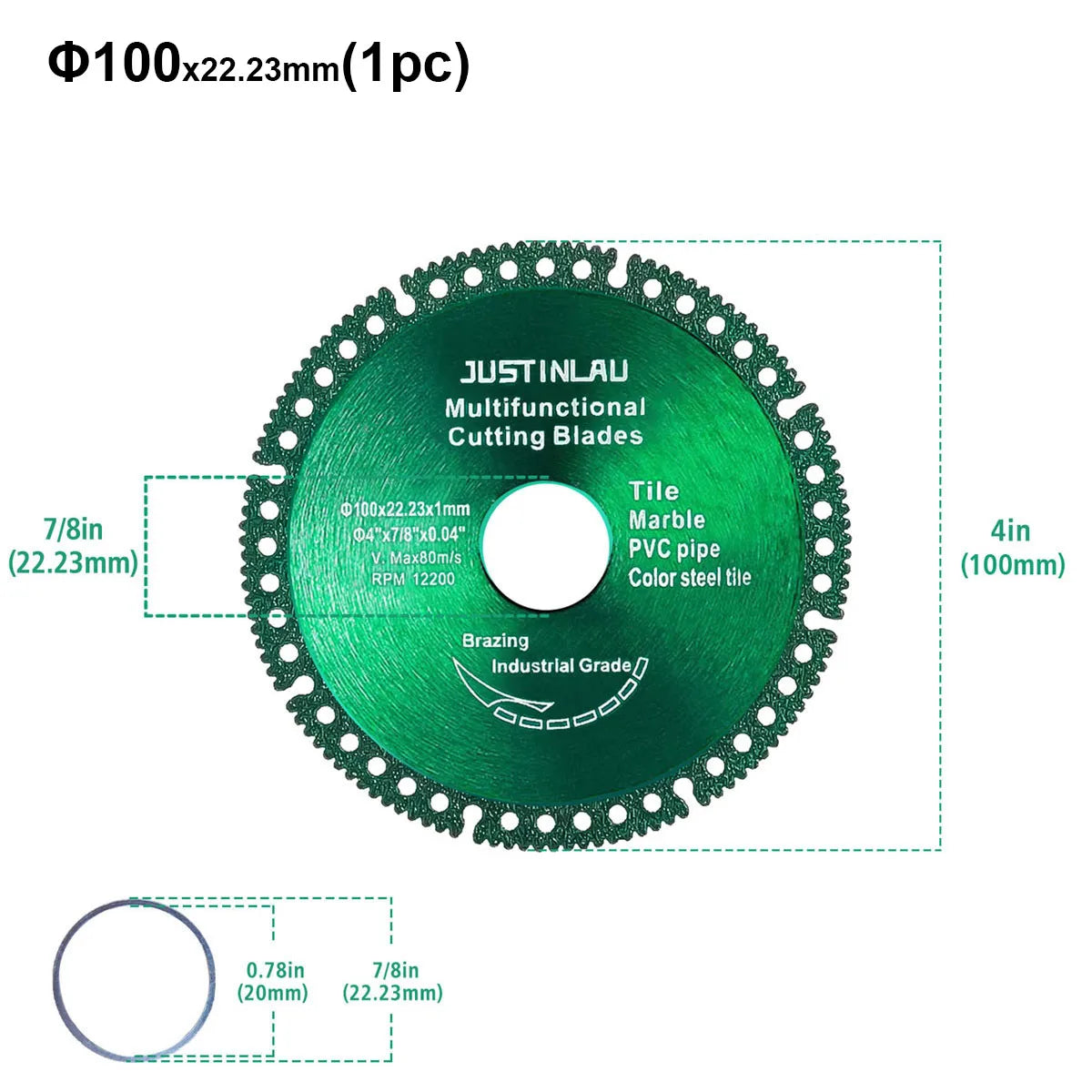 JUSTINLAU Multifunctional Cutting Piece Sheet Disc Tile Rock Plate Metal Marble Machine Angle Grinder Dry Slice Emery Saw Blade Oasis Select 1pc Green-100mm