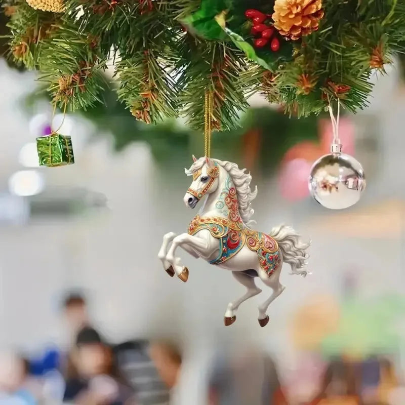 New Exquisite White Horse Acrylic Flat Car Rearview Mirror Pendant Home Decoration Backpack Keychain Hanging Christmas tree Deco Oasis Select