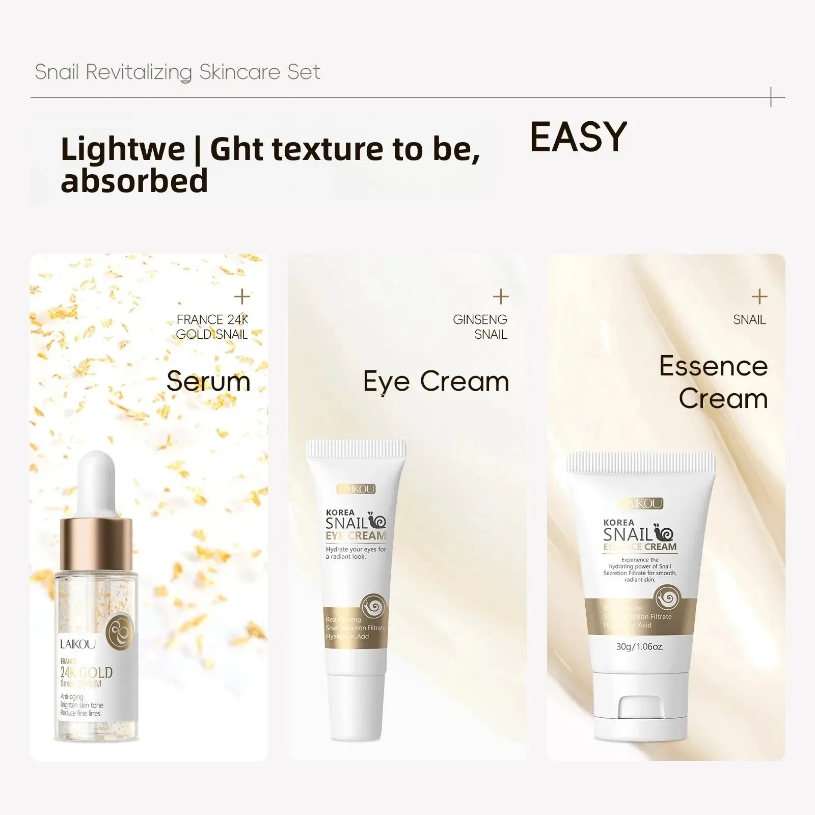 24K Gold Snail Repair Serum Eye Cream Essence Set Moisturizes Smooths Fine Lines Minimizes Pores Luxury Skincare Oasis Select