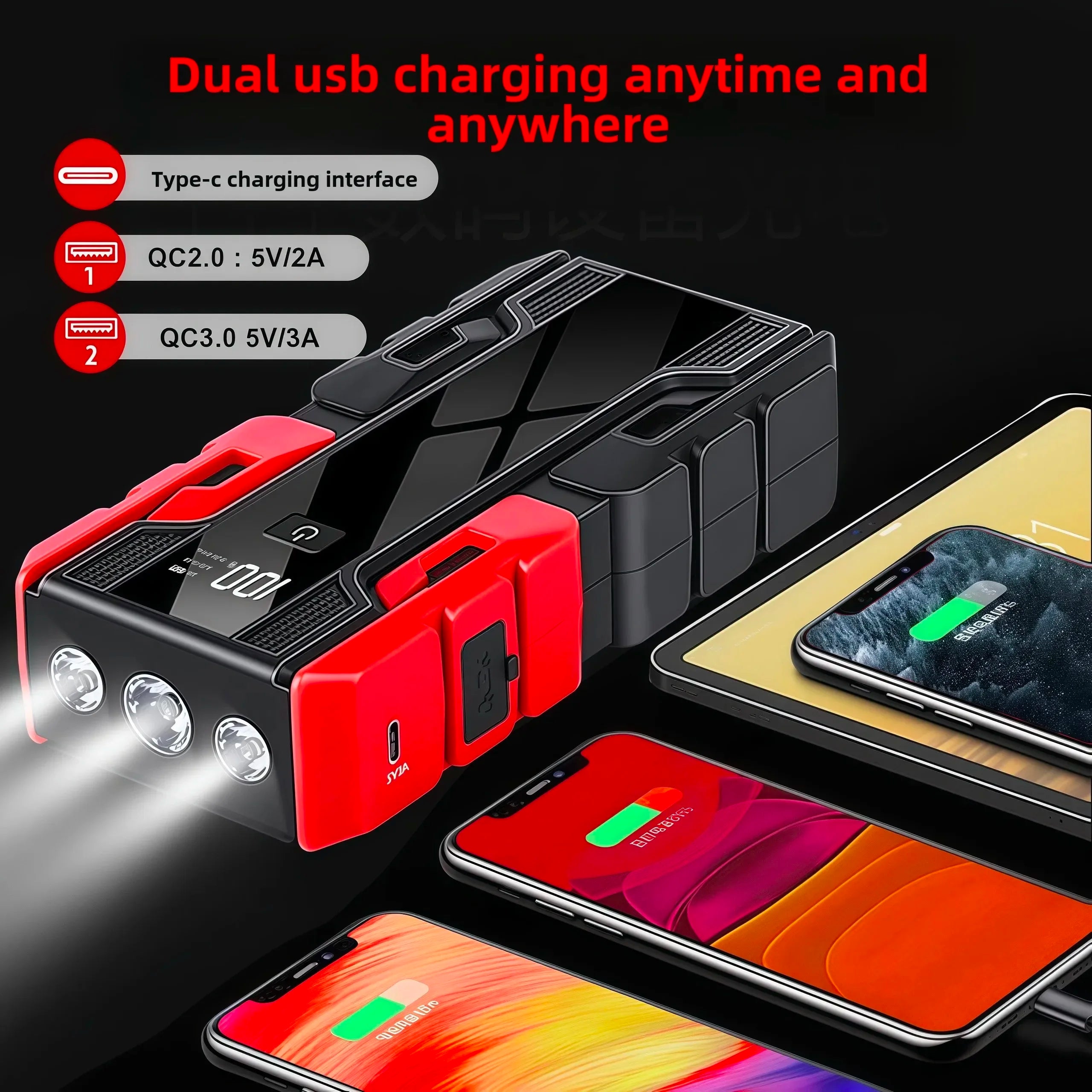New 12V 99800mAh Car Jump Starter ,Portable Emergency Power Bank Battery Booster with LED Light, USB, for SUV Van Motorcycle ATV Oasis Select