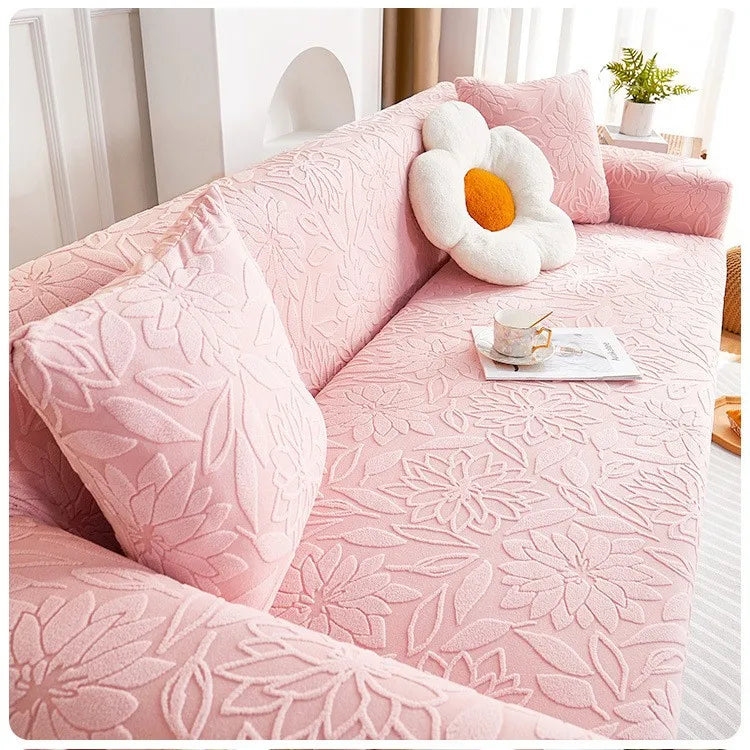 New Jacquard Velvet Elastic Sofa Cover All-season Universal Cat Scratch and Dust-proof Sofa Cover Oasis Select pink 5 people 305-360cm