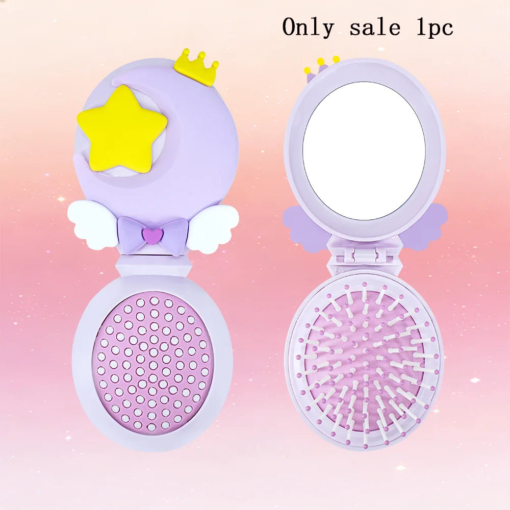 Magic Folding Mirror Comb – Moon & Star 2-in-1 Hair Brush Folding Mirror Comb Oasis Select UV175Moon-Purple-02