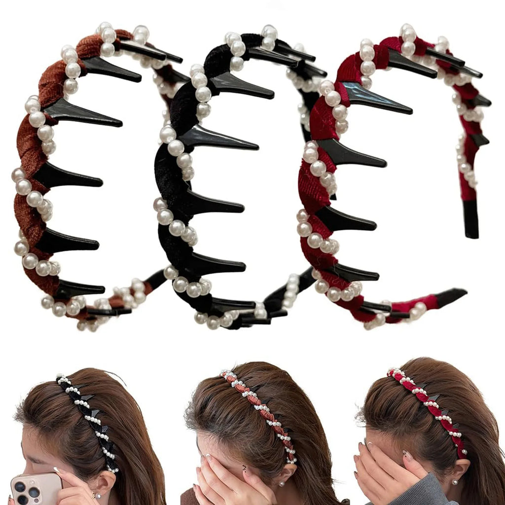 3PCS New Trendy Pearl Headbands Non-slip Wavy Head Hoop Combing Hairbands Headwear Hair Accessories Hair Accessories Gifts Oasis Select A One Size