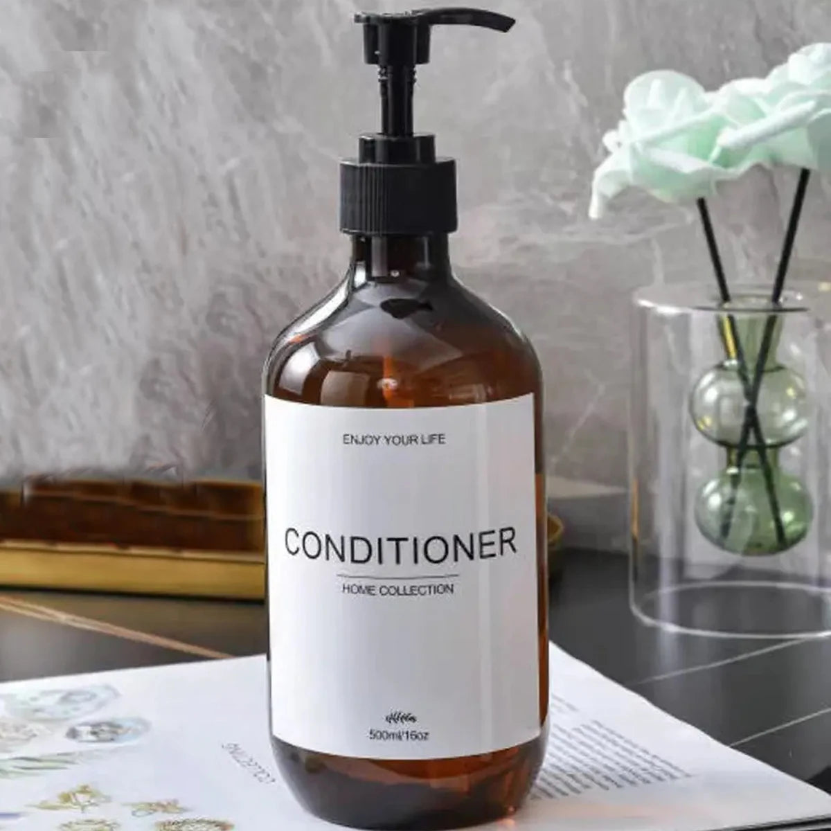 Bathroom Shampoo Dispenser Set 500ml Conditioner Body Wash Bottles Refillable Dispenser Farmhouse Decoration Storage Bottles Oasis Select Brown-C 1