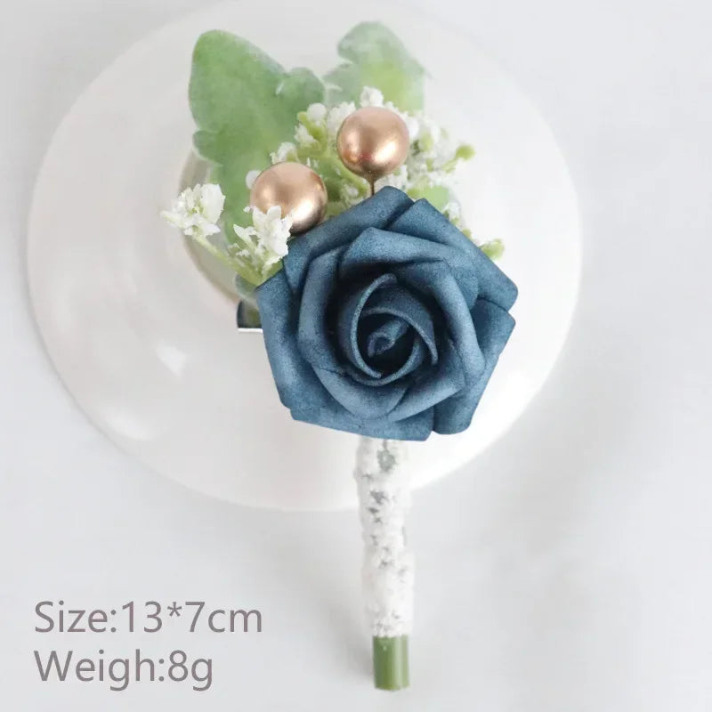 Boutonnieres Flowers Artificial White Roses Silk Ivory Corsage Buttonhole Groomsmen Boutonniere for Men Wedding Accessories Oasis Select Dark Blue