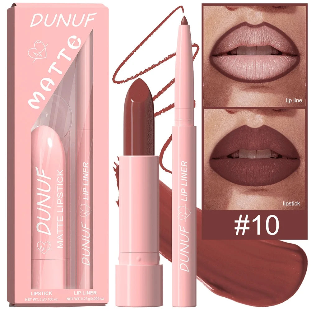 DUNUF 12-Color Matte Lipstick & Lip Liner Set – Waterproof