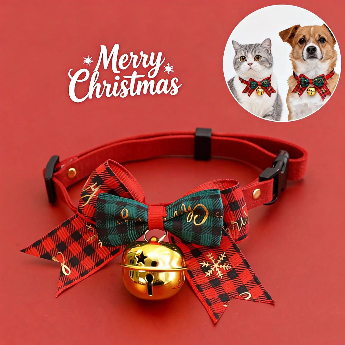 Christmas Pet Collar with Bell Bow Red Green Themed Adjustable Dog Cat Necklace Holiday Party Photo Prop Pet Fashion Oasis Select
