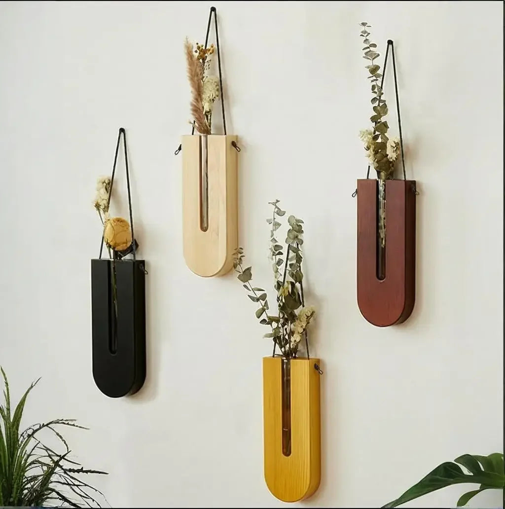 Wooden Hanging Planters Bohemia Wall Plant Propagation Terrarium Flower Tube Vase with Wood Stand, Indoor Propagator for Plants Oasis Select