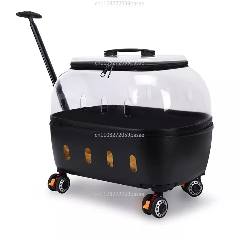 Fashion Transparent Cat Cage Large Capacity Pet Suitcase Breathable Cat Carriers Pull Rod/Handheld Dual Use Cat Transport Cart Oasis Select Black 48x35x46cm