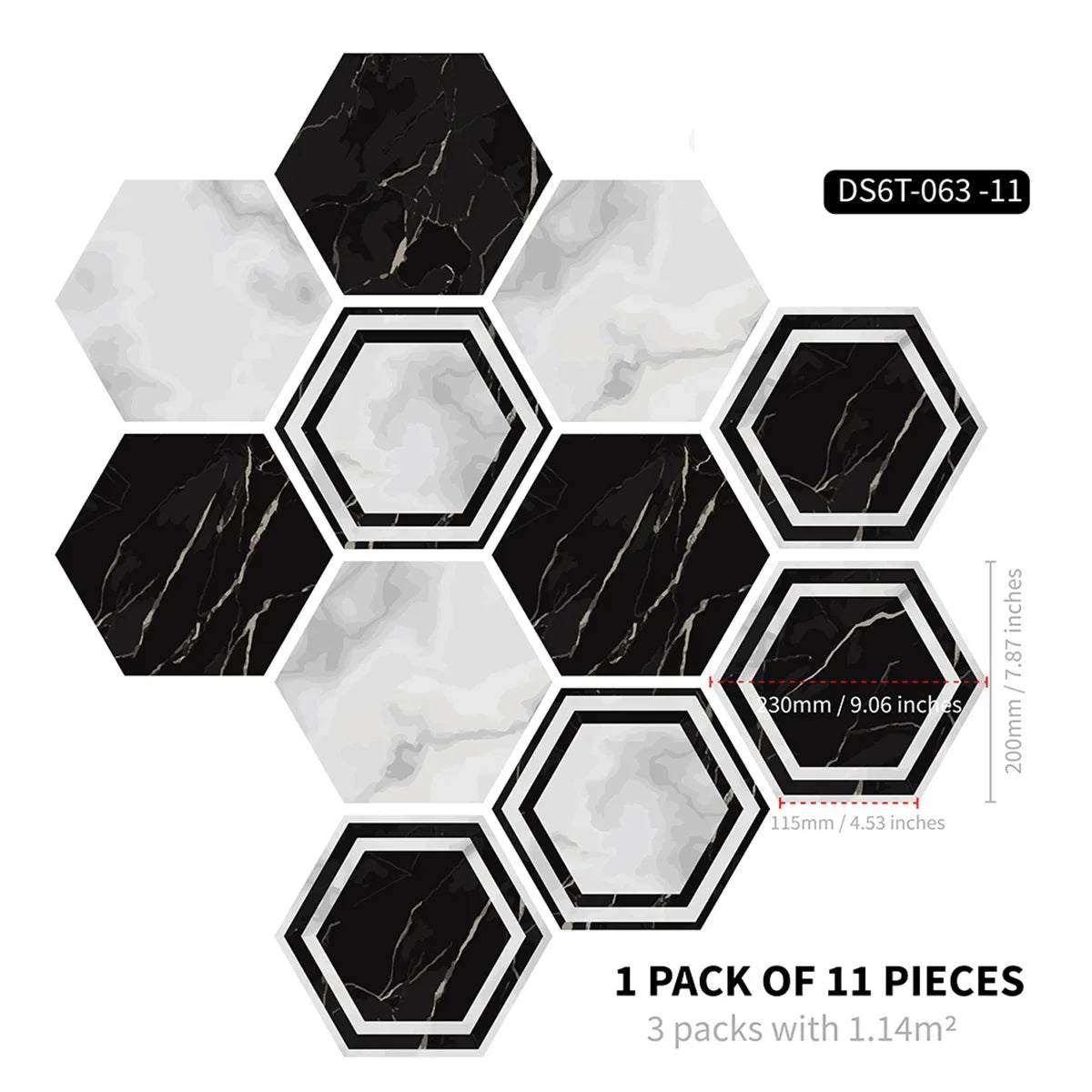 Marble wood grain self-adhesive hexagonal floor stickers waterproof home decoration hexagonal art Mosaic floor stickers Oasis Select DB-6T11P-063-CM 20cm x 23cm 11pcs