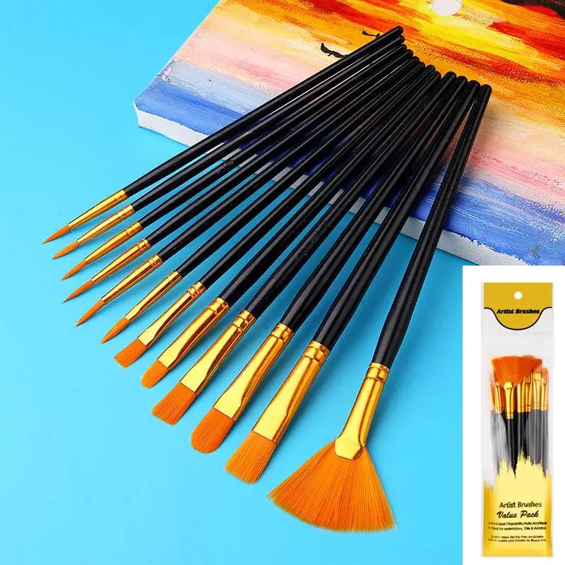 12-Piece Flat Nylon Paint Brush Set – Watercolor, Oil & Acrylic